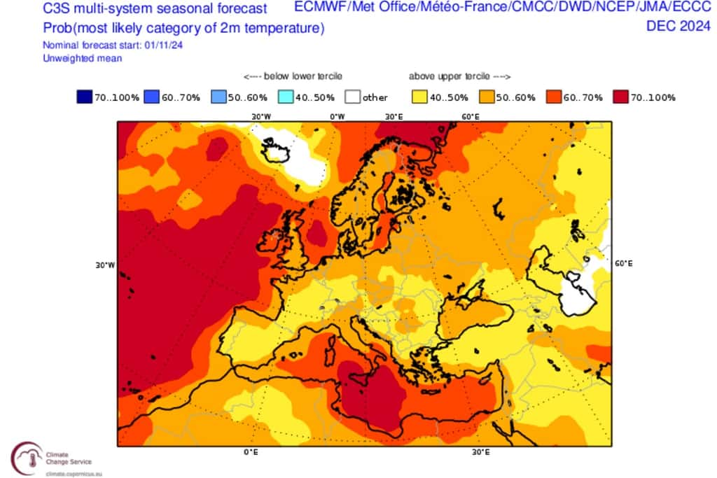 La prévision des températures pour le mois de décembre : plus doux que la normale partout en France. © Copernicus