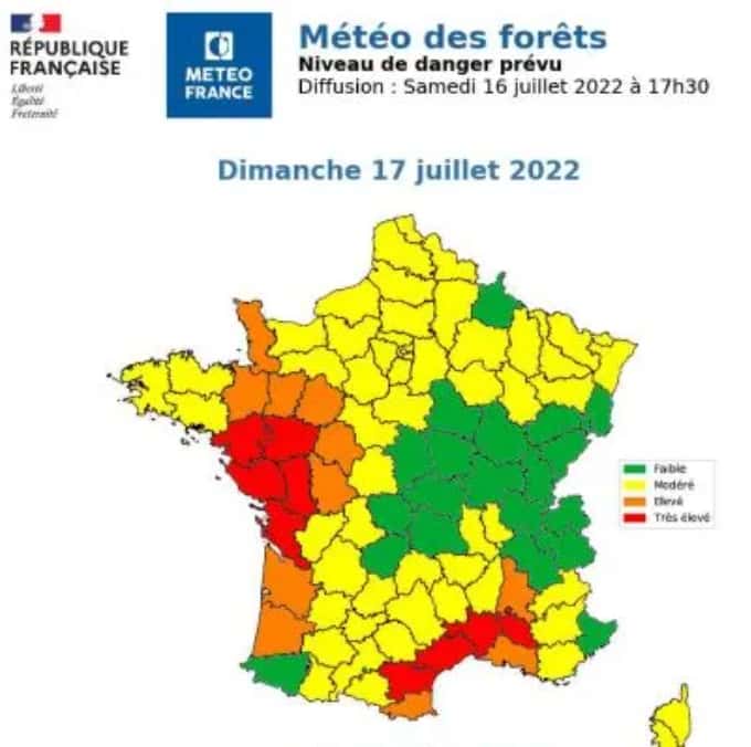 Un exemple de future carte météo des forêts destinée à avertir du risque d'incendie. © Météo France