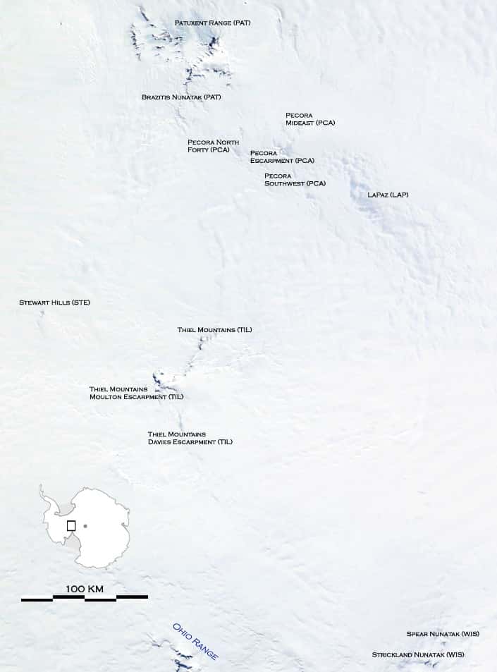 Une carte montrant certains sites de récolte pour les météorites en Antarctique dont celui de LaPaz Icefield 02342. © Nasa
