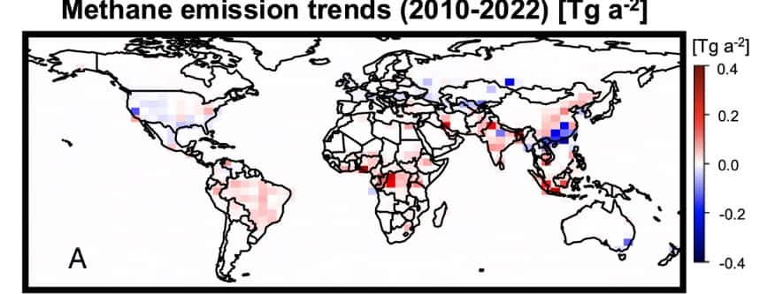 En rouge, les zones qui ont émis le plus de méthane entre 2020 et 2022. © <em>PNAS</em>