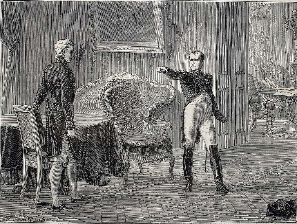 La célèbre rencontre entre l'empereur français Napoléon Ier et le diplomate autrichien le marquis Klemens von Metternich au palais Marcolini à Dresde le 26 juin 1813. © Wikimédia Commons, domaine public