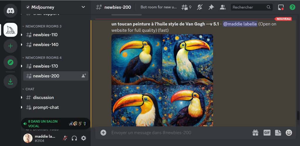 Les images générées en réponse à la requête : un toucan — peinture à l'huile — dans le style de Van Gogh.  © Midjourney
