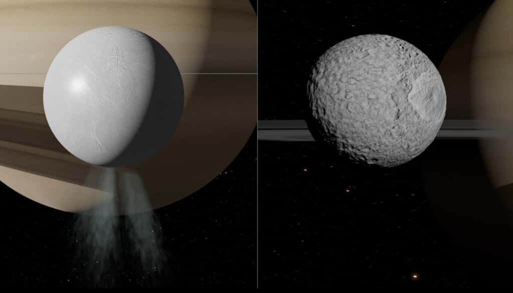 De taille similaire et orbitant à une distance semblable autour de Saturne, les lunes, Encelade (à gauche, diamètre d’environ 500 km) et Mimas (à droite, diamètre d’environ 400 km), ont des surfaces très différentes l’une de l’autre, qui semblent témoigner de conditions internes incompatibles. Pourtant, toutes deux abritent un océan d’eau liquide sous leur surface. © Frédéric Durillon, Animea Studio | Observatoire de Paris – PSL, IMCCE
