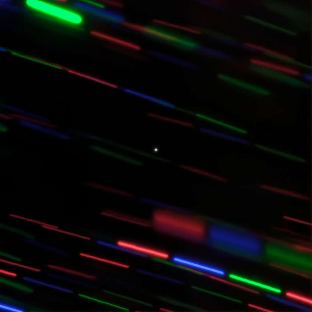 Satellite naturel ou artificiel ? Portrait en couleur de la mini-lune 2020 CD3. Les traits en couleur sont les trainées lumineuses laissées par les étoiles à l'arrière-plan. © <em>The international Gemini Observatory</em>,<em> NSF’s National Optical-Infrared Astronomy Research Laboratory</em>, Aura, G. Fedorets