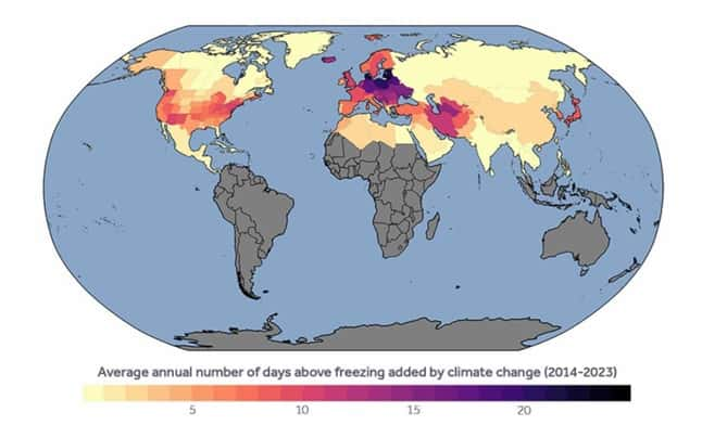 Le nombre de jours sans gel ajouté par le réchauffement climatique dans chaque pays de l'hémisphère Nord au cours de la dernière décennie. © Climate Central