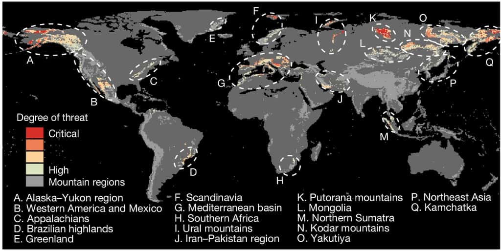 Les chaînes de montagnes les plus menacées dans le monde selon l'étude publiée dans la revue <em>Nature</em>. © <em>Nature</em>