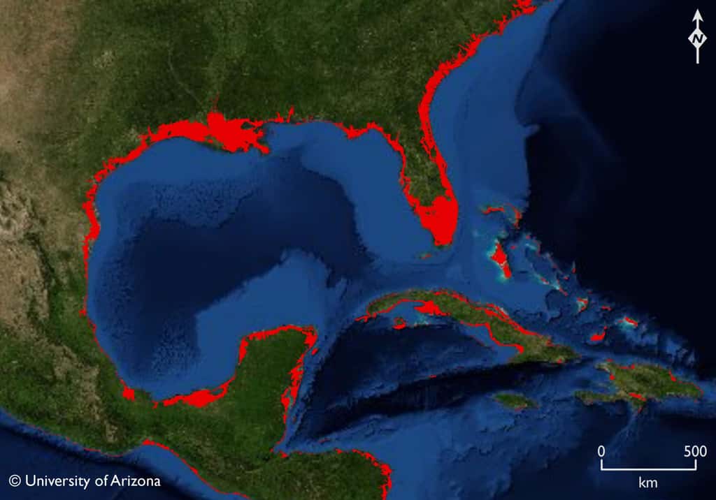 En rouge, les zones menacées de disparaître sous l'eau ces prochaines années. © Université d'Arizona