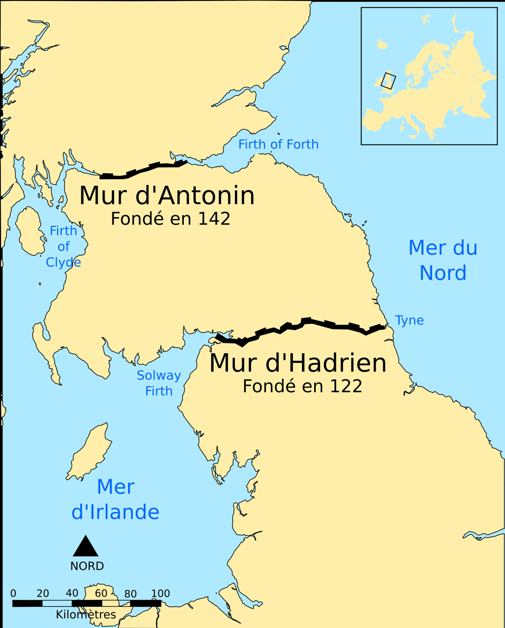 Localisation géographique du mur d'Hadrien dans le nord de l'Angleterre et du mur d'Antonin en Écosse. © Wikimedia Commons