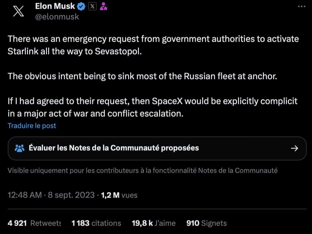 À la suite de la révélation publiée par CNN, Elon Musk a posté un message expliquant pourquoi il avait refusé d’assurer la connexion de son système Starlink à proximité des côtes de Crimée. Ce message n’apparait plus sur son compte. © Capture X (exTwitter)
