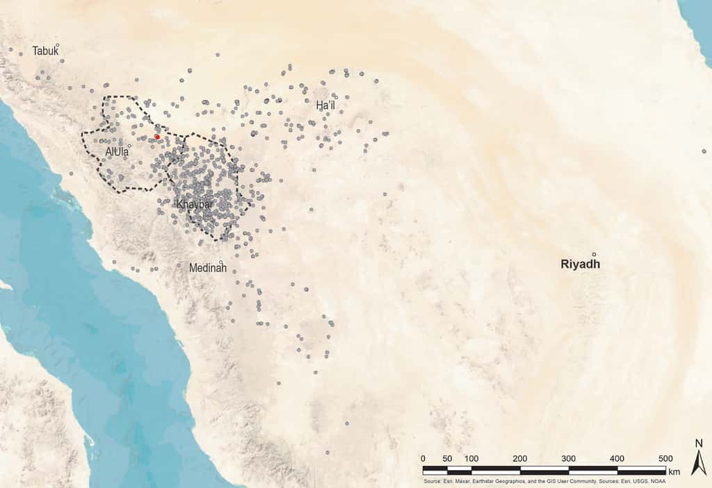 Les différents sites où ont été découverts les mustatils. © Esri, USGS, NOAA