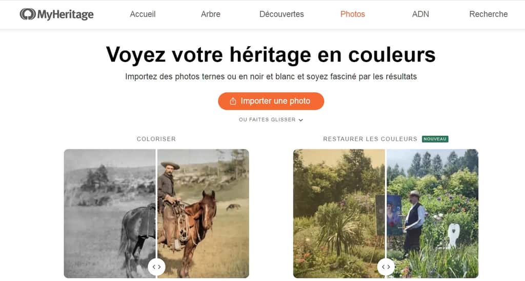 La page d’accueil de MyHeritage, en français. Il suffit de cliquer sur Importer une photo. © MyHeritage