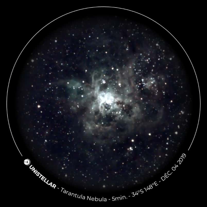 La nébuleuse de la Tarentule dans le Grand Nuage de Magellan vue dans l'eVscope. Elle se situe à 160.000 années-lumière de la Voie lactée. © 2017-2020 - Unistellar, <em>tous droits réservés</em>