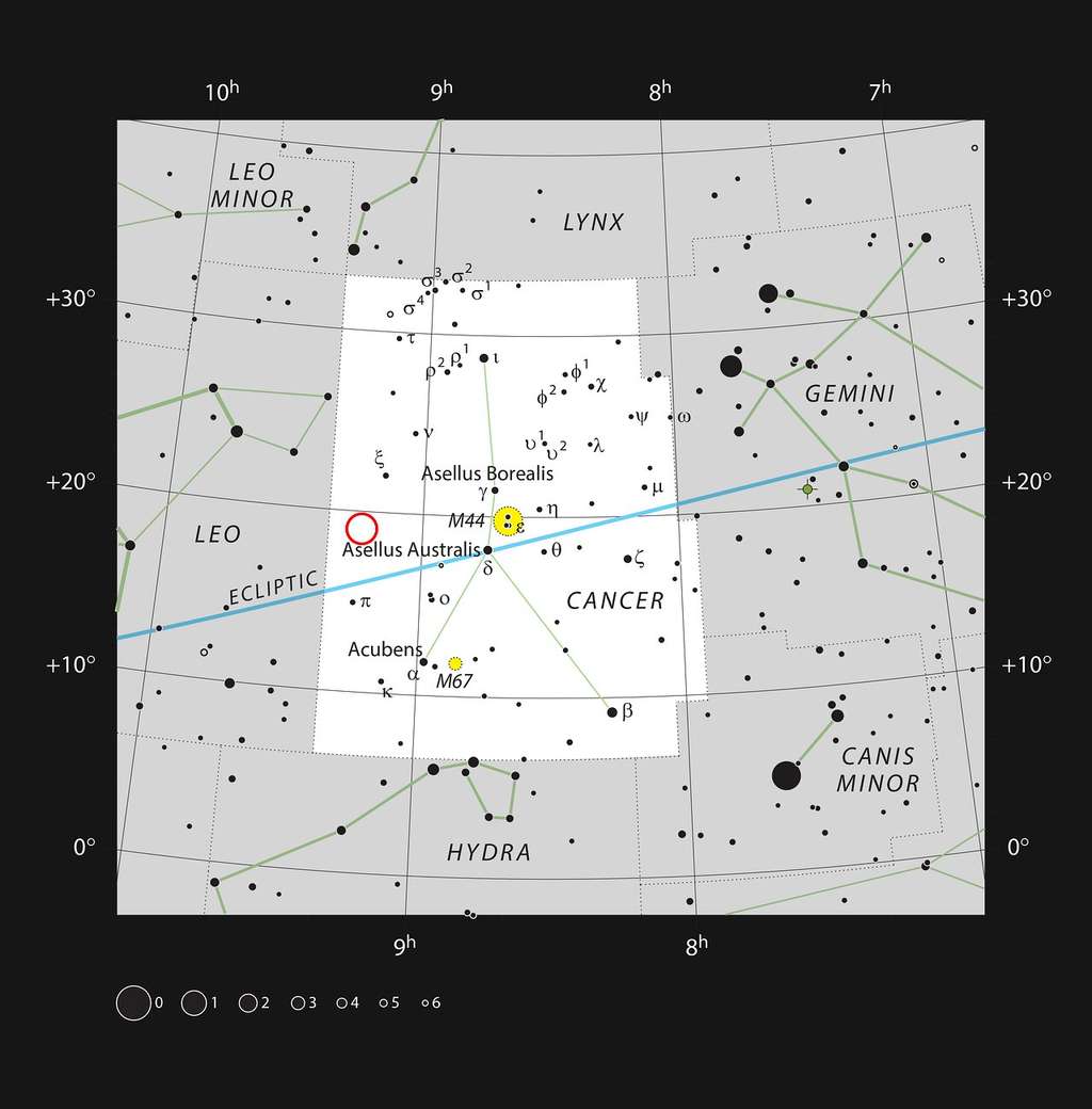 Sur cette carte, figure la localisation de  WDJ0914+1914 dans la constellation du Cancer. La plupart des étoiles visibles à l’œil nu par temps clair et par nuit sombre est représenté, un cercle de couleur rouge entoure WDJ0914+1914. Cette naine blanche est l’hôte d’une exoplanète de type Neptune en cours d’évaporation. Il s’agit de la toute première planète géante découverte autour d’une naine blanche. © ESO, <em>IAU and Sky & Telescope</em>