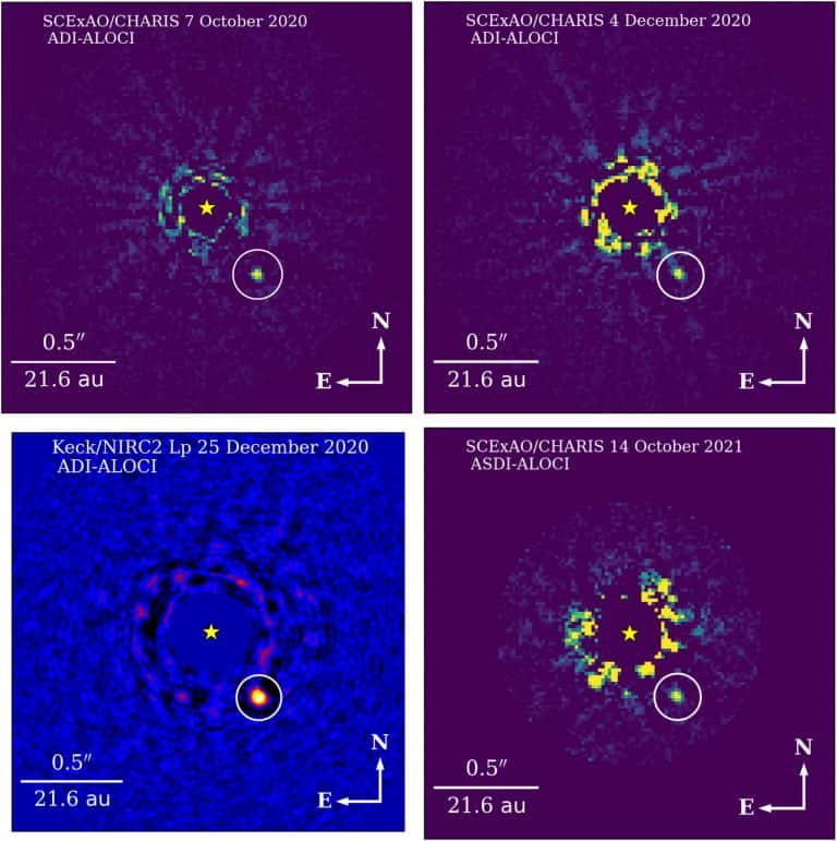 Quatre images directes de la naine brune HIP 21152 B prises à l'aide du télescope Subaru et de l'observatoire Keck. L'étoile hôte est masquée dans les images (comme indiqué par l'icône avec une étoile jaune) et sa compagne naine brune est encerclée. La masse de HIP 21152 B est similaire à celle d'une planète géante — entre 22 et 36 masses de Jupiter. © M. Kuzuhara et <em>al.</em>, W. M. Keck Observatory, <em>Subaru Telescope</em>