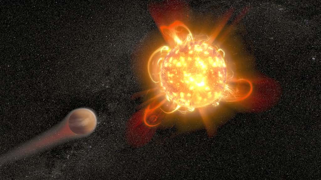  Les violentes explosions de plasma bouillonnant de jeunes étoiles naines rouges peuvent rendre les conditions inhabitables sur les planètes naissantes. Dans le rendu de cet artiste, une jeune naine rouge active (à droite) dépouille l'atmosphère d'une planète en orbite (à gauche). Les scientifiques ont découvert que les éruptions des plus jeunes naines rouges qu'ils ont étudiées – âgées d'environ 40 millions d'années – sont 100 à 1.000 fois plus énergétiques que lorsque les étoiles sont plus âgées. Ils ont également détecté l'une des éruptions stellaires les plus intenses jamais observées dans la lumière ultraviolette – plus énergique que l'éruption la plus puissante jamais enregistrée pour notre Soleil. © Nasa, ESA and D. Player (STScI) 