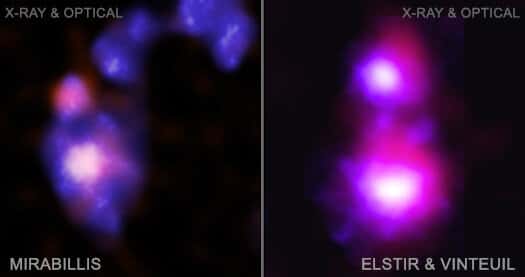 Les deux paires de galaxies naines qui s'apprêtent à entrer en collision. © Nasa, CXC, Université de l'Alabama, M. Micic et <em>al.</em>