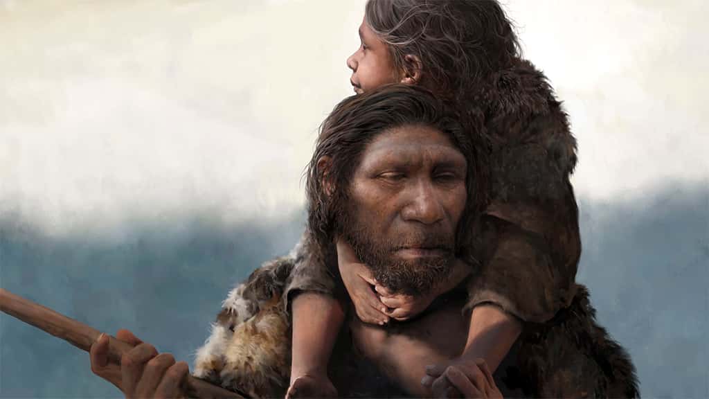 Vue d'artiste d'un homme de Néandertal et de sa fille. © Tom Björklund