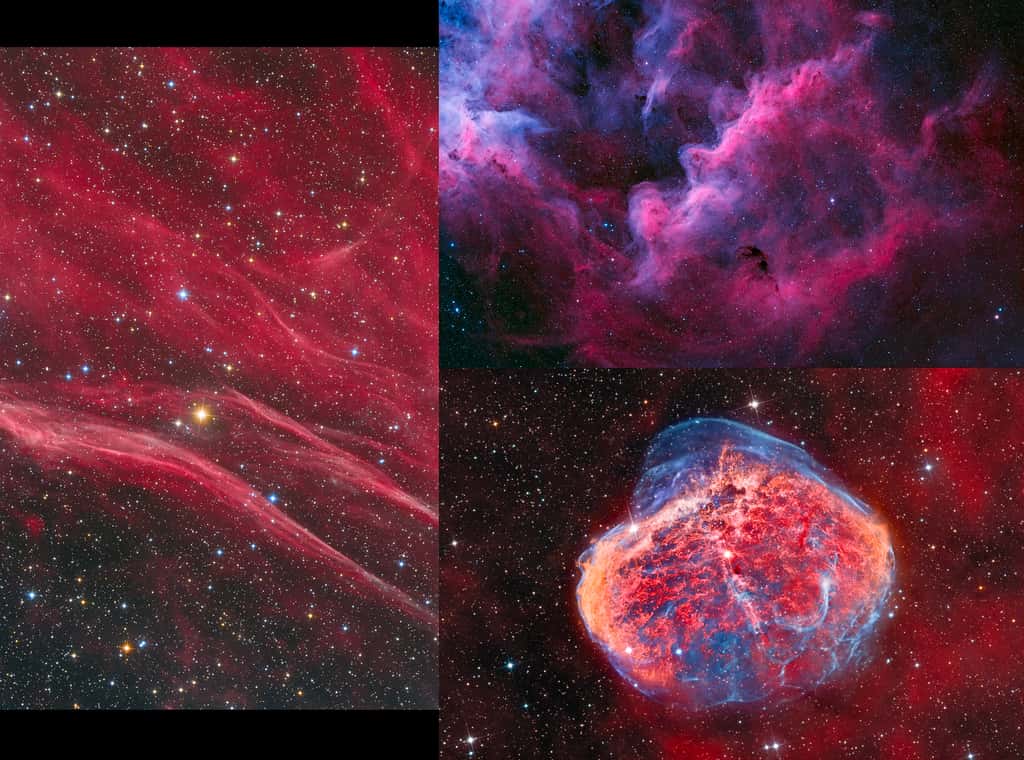 Dans la catégorie « nébuleuse », trois clichés ont été retenus.<br>À gauche, le cliché de Paul Milvain (Forbes, Victoria, Australie) qui montre les restes de la supernova Vela.<br>À droite en haut, la nébuleuse de la Carène et l’objet RCW 53c photographiés par Ignacio Diaz Bobillo (General Pacheco, Buenos Aires Province, Argentine).<br>La troisième image montre la nébuleuse du Croissant dans la constellation du Cygne (NGC 6888). L’image a été réalisée par Bray Falls (Auberry, California, États-Unis).