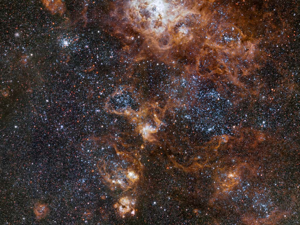 À quelque 160.000 années-lumière de la Terre brille la nébuleuse de la Tarentule, la structure la plus spectaculaire du Grand Nuage de Magellan, une galaxie satellite de notre Voie lactée. Sur l’image acquise par le télescope de sondage du VLT installé à l’Observatoire de Paranal de l’ESO, figure cette région ainsi que son riche environnement avec une foule de détails. Elle révèle un paysage céleste constellé d’amas stellaires, de nuages de gaz brillants ainsi que de restes épars d’explosions de supernovae. © ESO