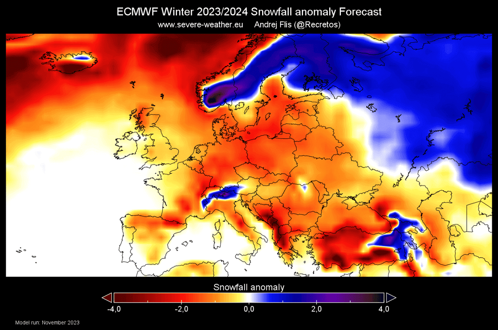 La quantité de neige attendue au cours de l'hiver entier 2023-2024 comparée à la normale de chaque zone : en jaune et rouge les zones où la neige sera moins présente que la moyenne, et en bleu celles où elle sera plus présente. © ECMWF, capture d'écran Severe Weather Europe