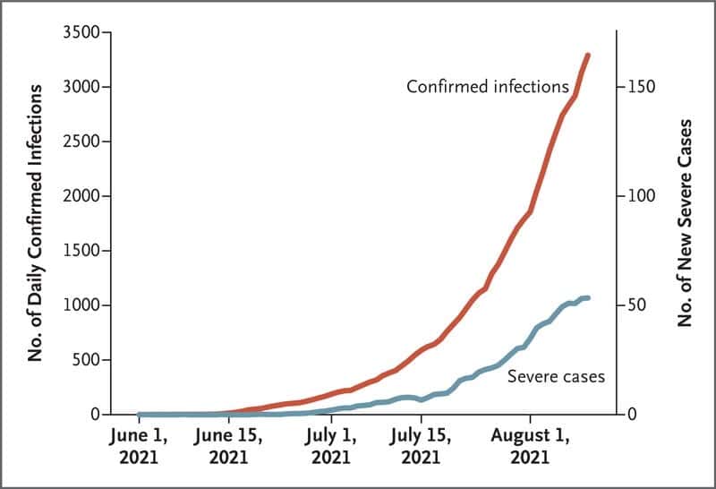 L'évolution des infections et des formes sévères entre le 1<sup>er</sup> juin et le 1<sup>er </sup>août 2021 en Israël. © Yair Goldberg et al., <em>NEJM</em>