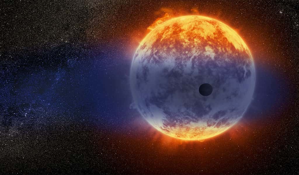 Cette vue d'artiste montre un nuage géant d’hydrogène jaillissant d’une planète chaude de la taille de Neptune, à seulement 97 années-lumière de la Terre. L’exoplanète est minuscule par rapport à son étoile, une naine rouge nommée GJ 3470. Le rayonnement intense de l’étoile réchauffe l’hydrogène présent dans la haute atmosphère de la planète jusqu’à ce qu’il s’échappe dans l’espace. © Nasa, Esa and D. Player (STScI)