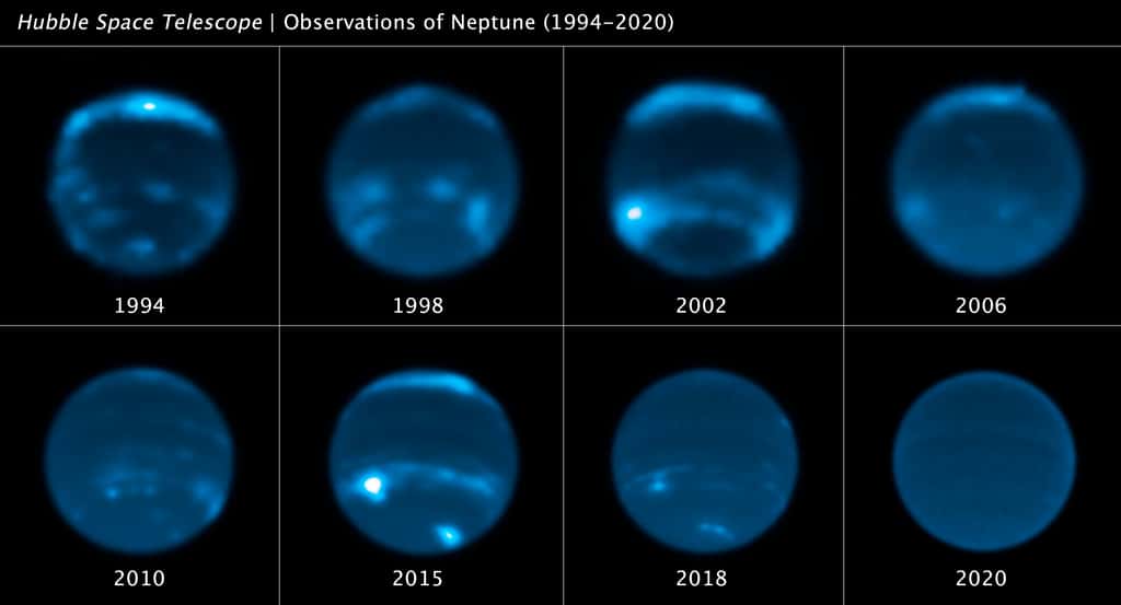 Cette séquence d'images du télescope spatial Hubble relate l'augmentation et la diminution de la couverture nuageuse sur Neptune. Cette longue série d'observations montre que le nombre de nuages augmente de plus en plus après un pic du cycle solaire – où le niveau d'activité du Soleil monte et descend de manière rythmique sur une période de 11 ans. Les changements sont causés par la photochimie, qui se produit dans la haute atmosphère de Neptune et prend du temps pour former des nuages. © Nasa, ESA, Erandi Chavez (UC Berkeley), Imke de Pater (UC Berkeley)