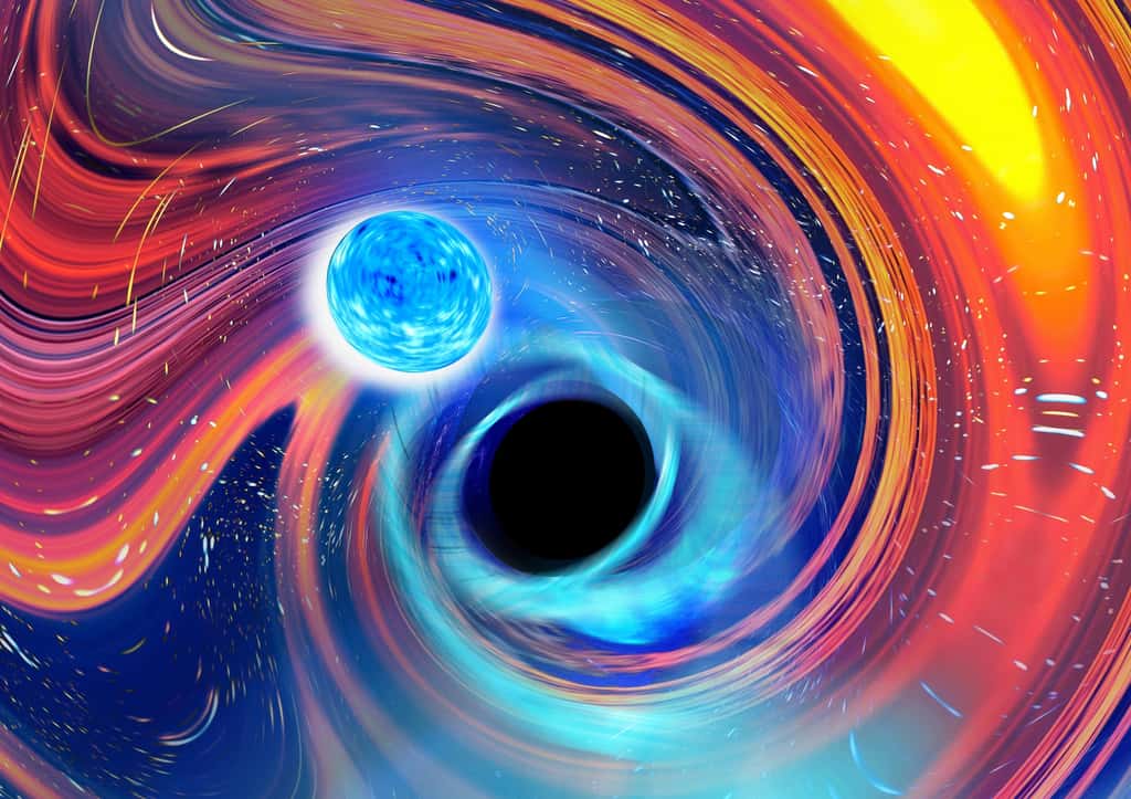 Une vue d'artiste d'une étoile à neutrons en orbite autour d'un trou noir. © Carl Knox, OzGrav - Swinburne University