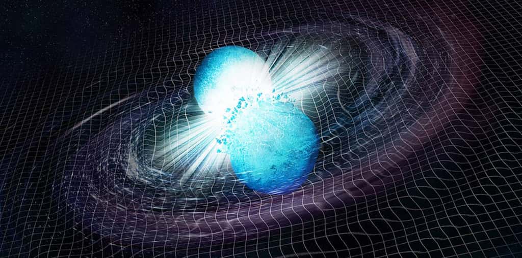 Une vue d'artiste de la collision de deux étoiles à neutrons et des ondes gravitationnelles résultantes. © CXC, M. Weiss
