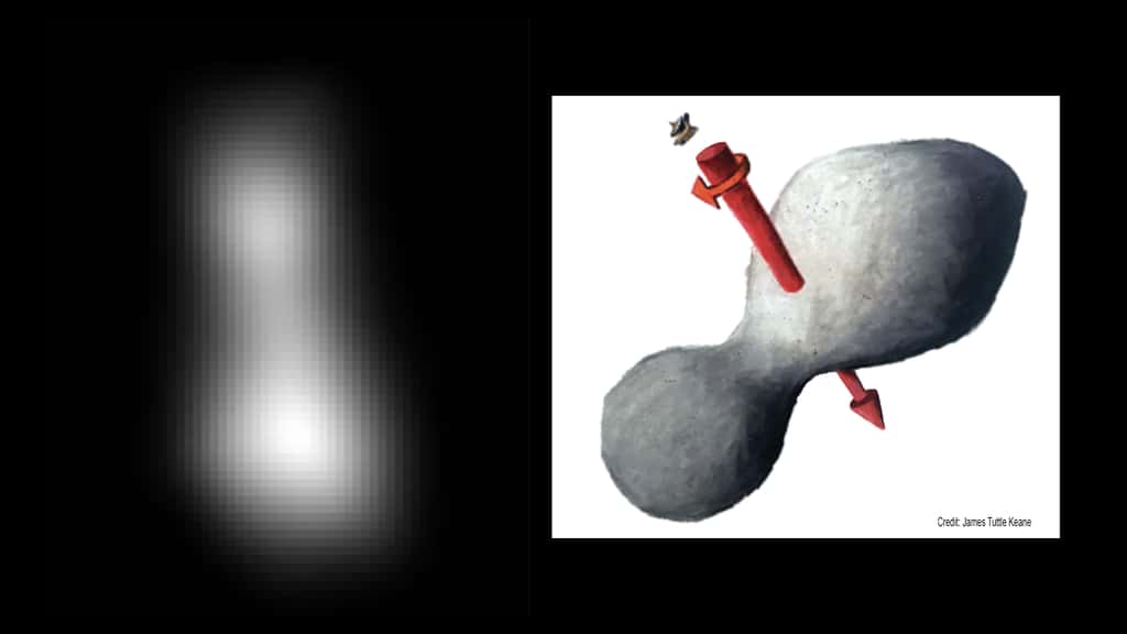 À gauche, image composite de l'astéroïde Ultima Thulé réalisée à partir de deux images prises par l'instrument <em>Long-Range Reconnaissance Imager</em> (LORRI) de New Horizons le 31 décembre 2018. À droite, une vue d'artiste de l'apparence possible de l'astéroïde avec son axe de rotation, en rouge. © Nasa/JHUAPL/SwRI/James Tuttle Keane