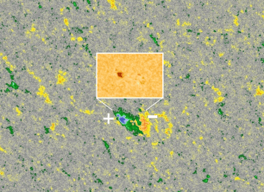 La région active AR2750, apparue le 1<sup>er</sup> novembre, est à l'origine de l'éruption solaire détectée par la sonde SDO. © SDO, NASA