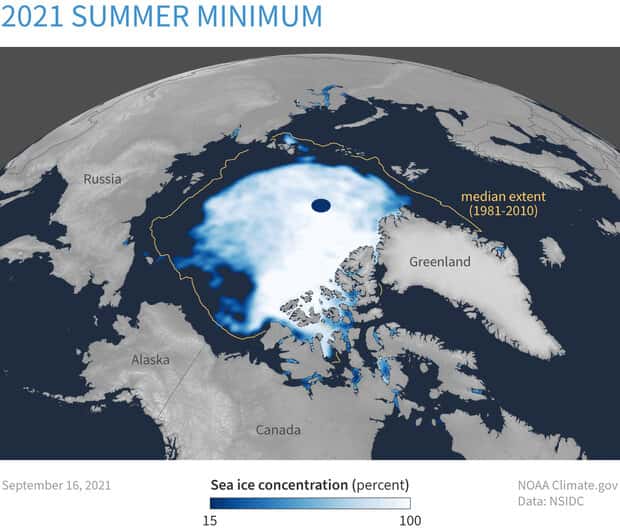 Étendue de la glace arctique au cours de l'été 2021 en comparaison avec la moyenne, en jaune. © NOAA 