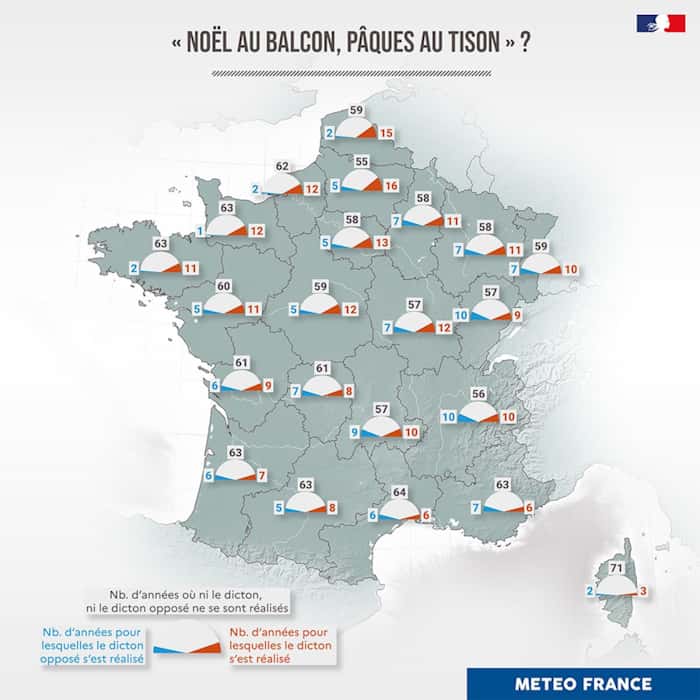 Le nombre de fois où le dicton s'est réalisé et son contraire dans chaque région de France depuis 1947. © Météo France