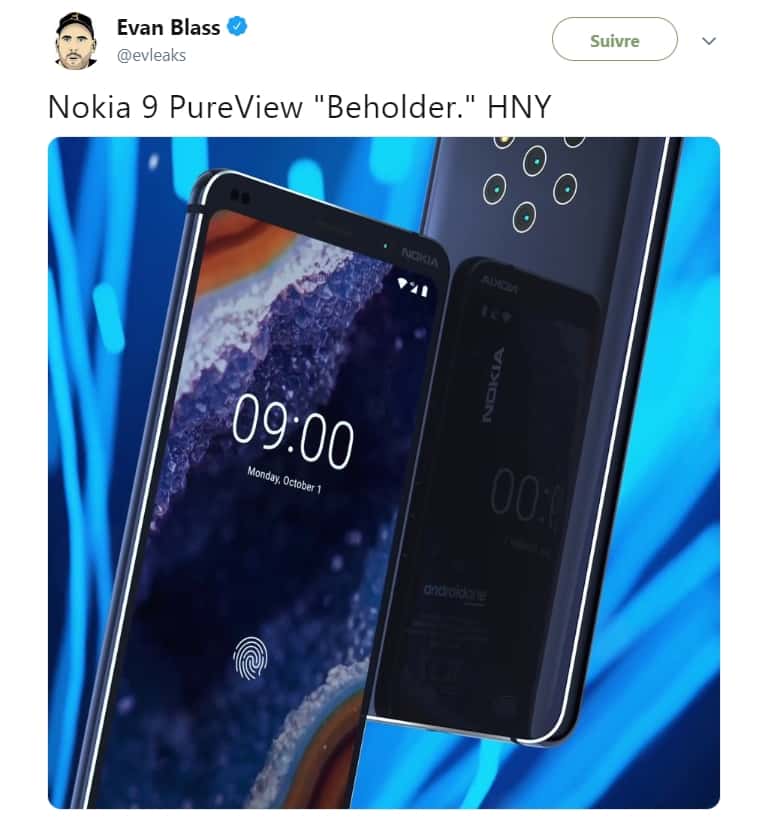 Voici les premières images du Nokia 9 Pureview avec ses cinq capteurs disposés de façon hexagonale avec le module du flash. © Capture compte Twitter Evan Blass