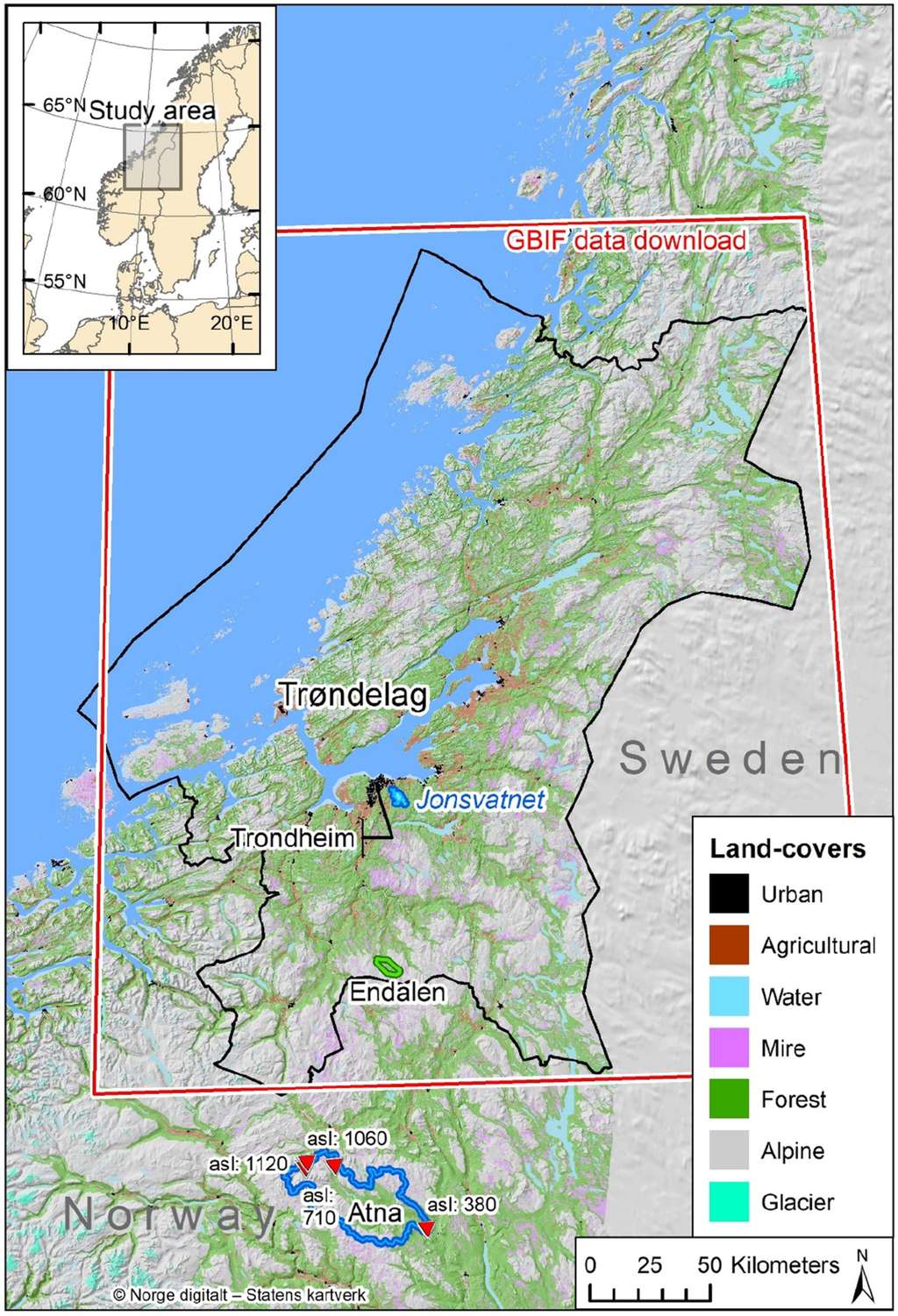 La zone étudiée en Norvège a été choisie pour sa grande diversité de terrains (milieux terrestre et aquatique) ainsi que pour sa biodiversité très riche. © NTNU University