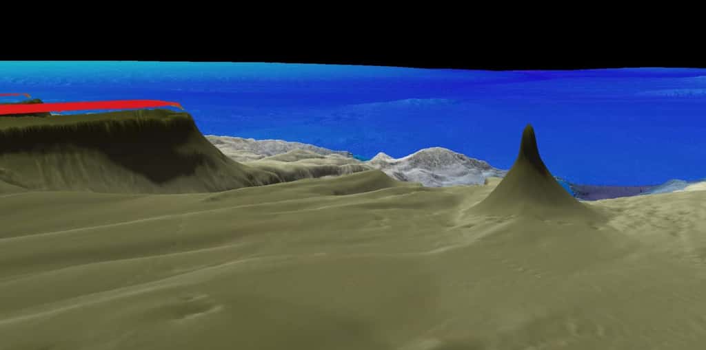 À droite, la modélisation 3D du nouveau récif corallien découvert en Australie qui culmine à 500 mètres au-dessus du fond de l'océan. © <em>Schmidt Ocean Institut</em>
