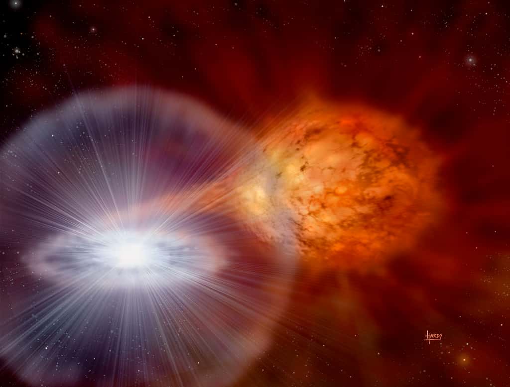 Des explosions spectaculaires continuent de se produire dans le système d'étoiles binaires nommé RS Ophiuchi. Tous les 20 ans environ, l'étoile géante rouge jette suffisamment d'hydrogène gazeux sur son étoile naine blanche pour déclencher une explosion thermonucléaire à sa surface. À environ 2.000 années-lumière de distance, les explosions en novae qui en résultent font que le système RS Oph devient visible à l'œil nu. L'étoile géante rouge est représentée à droite du dessin ci-dessus, tandis que la naine blanche est au centre du disque d'accrétion brillant à gauche. Alors que les étoiles tournent en orbite, un flux de gaz passe de l'étoile géante à la naine blanche. Les astronomes supposent que, à un moment donné au cours des 100.000 prochaines années, suffisamment de matière se sera accumulée sur la naine blanche pour la pousser au-dessus de la limite de Chandrasekhar, provoquant une explosion beaucoup plus puissante et finale connue sous le nom de supernova SN Ia. © David A. Hardy & PPARC, APOD 