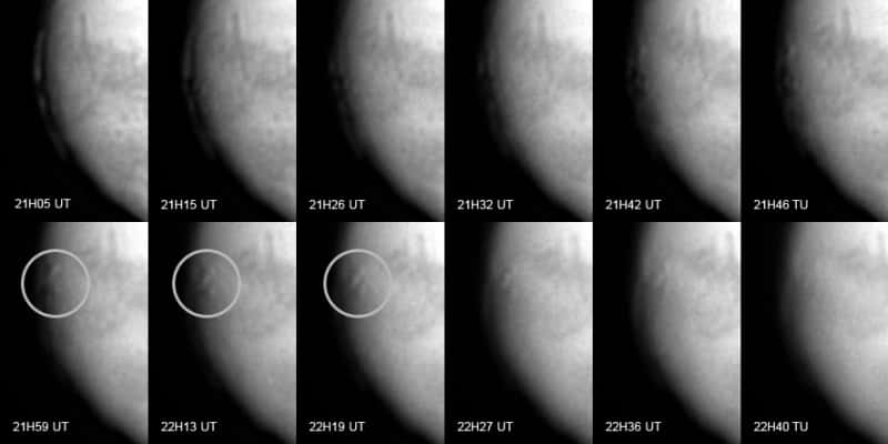 Évolution temporelle du système nuageux de 21 h 05 à 22 h 40 UT à travers un filtre vert sans surexposition du disque martien. À partir de 21 h 42 UT, les couches détachées sont clairement visibles devant le disque et projettent des ombres. © Emmanuel Beaudoin