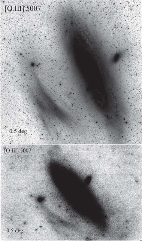 En haut, l'image obtenue après 48,6 heures de la nébuleuse au sud-est de M31. En bas, la confirmation obtenue après 85,5 heures. © Marcel Drechsler, Xavier Strottner et<em> al.</em>, <em>American Astronomical Society</em>, 2023