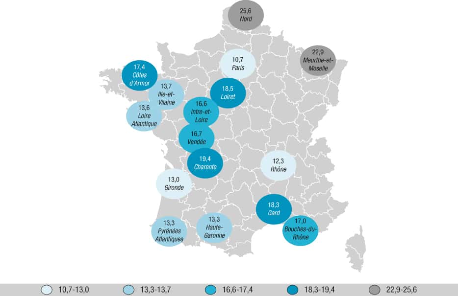 Prévalence de l’obésité dans 16 départements français : le Nord et la Meurthe-et-Moselle dépassent les 20 %. © BEH n°35-36, 2016, Santé publique France