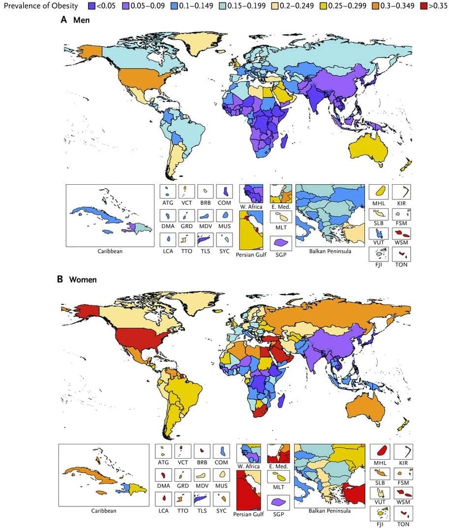 Prévalence de l’obésité dans le monde chez les adules hommes (en haut) et femmes (en bas). © <em>The New England Journal of Medicine</em>