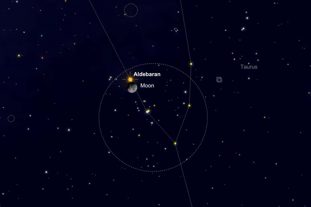 La Lune de passage dans le Taureau, devant l’essaim des Hyades, occultera l’étoile la plus brillante de la constellation, Aldébaran. © SkySafari