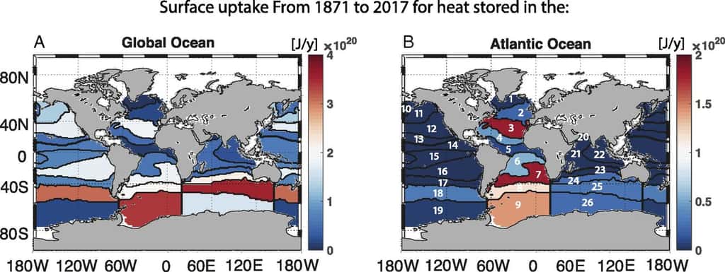 Quantité de chaleur absorbée par l'ensemble des océans (à gauche) et par l'océan Atlantique (à droite) entre 1871 et 2017 en Joules/an. © Laure Zanna <em>et al.</em>, <em>Pnas</em>, 2019