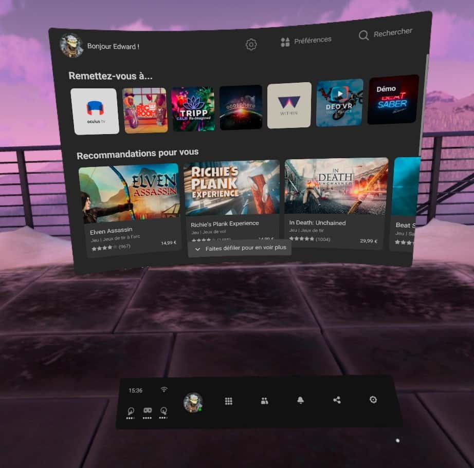 L’écran d’accueil en 3D de l’Oculus Quest 2, qui donne accès à la bibliothèque d’applications, le Quest Store, le navigateur, Oculus TV et bien d’autres. © Futura