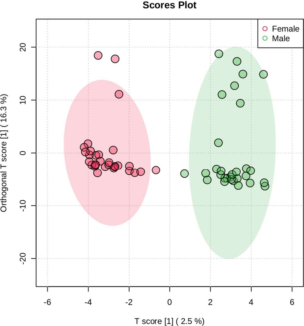 Les chercheurs ont utilisé la méthode de classification OPLS-DA. Les composantes principales présentant la variance la plus élevée montrent une séparation complète entre les sujets féminins et masculins. © 2023 Frazier <em>et al.</em>