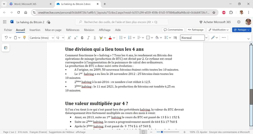 Les documents sont stockés par défaut sur le cloud de Microsoft. Il a donc fallu charger ce document présent sur un PC dans le cloud avant de pouvoir le modifier avec l'application Word en ligne. © Microsoft