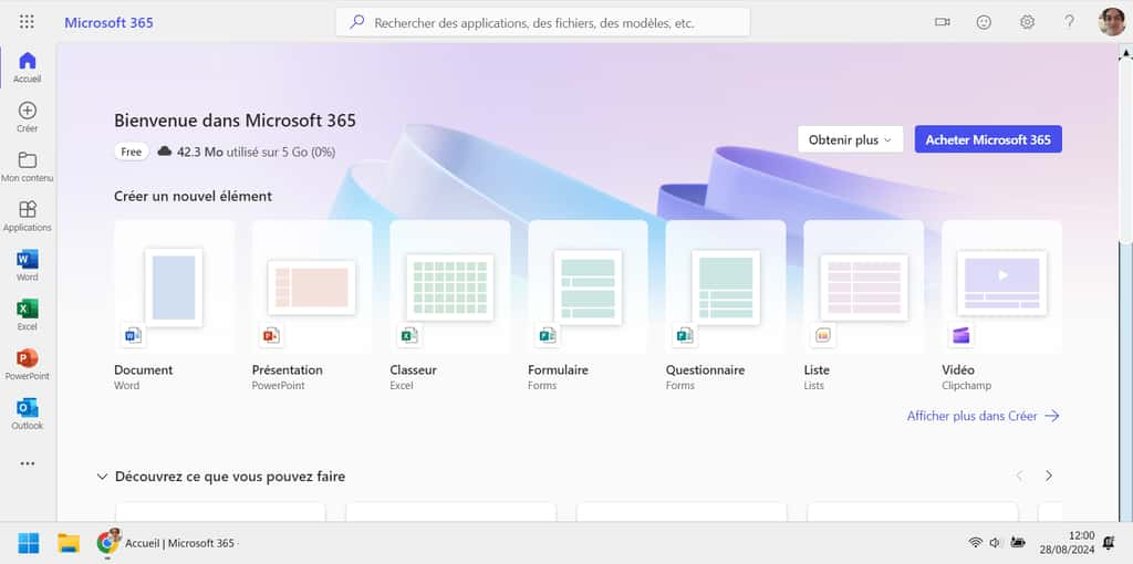 Une fois que l’on est connecté à Microsoft 365 version gratuite, les principales applications sont accessibles depuis des icônes sur la barre verticale gauche ou depuis les options de « Créer un élément ». © Microsoft