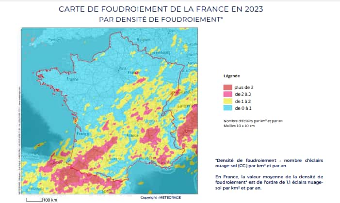 Les zones les plus foudroyées de France en 2023. © Météorage