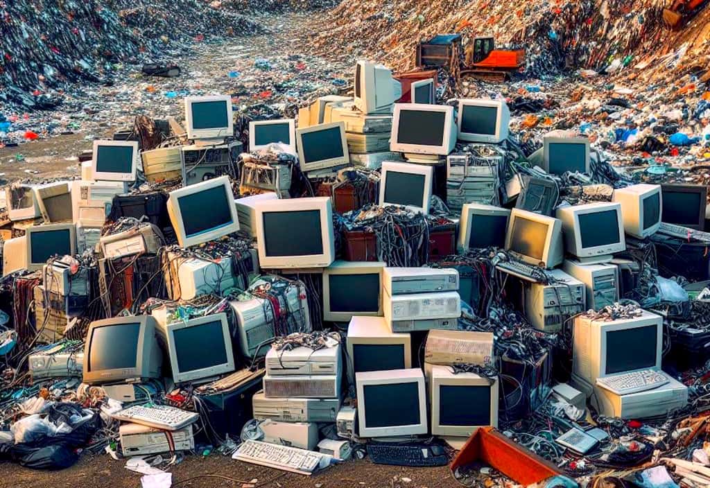 250 millions de PC pourraient finir dans les décharges. © Sylvain Biget, généré avec Bing Image Creator