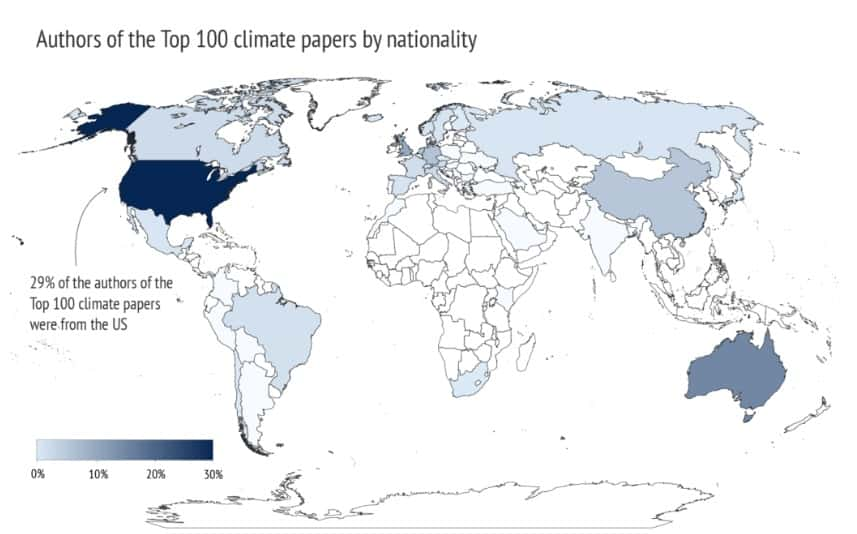 La répartition des auteurs des 100 plus grandes études sur le climat : très peu travaillent pour des organismes de l'hémisphère Sud. © Carbon Brief